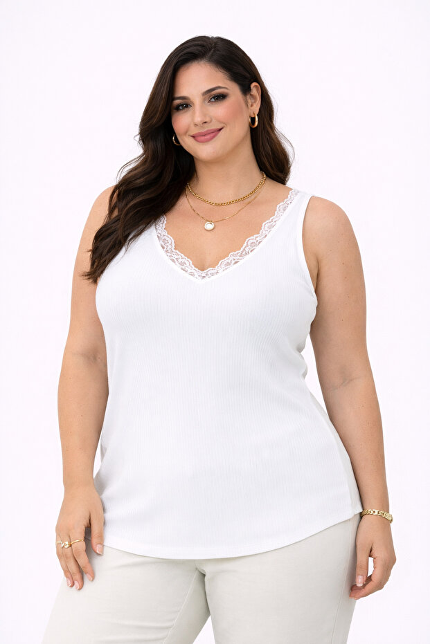 Women's Front and Back Lace Detailed V-Neck Plus Size Undershirt