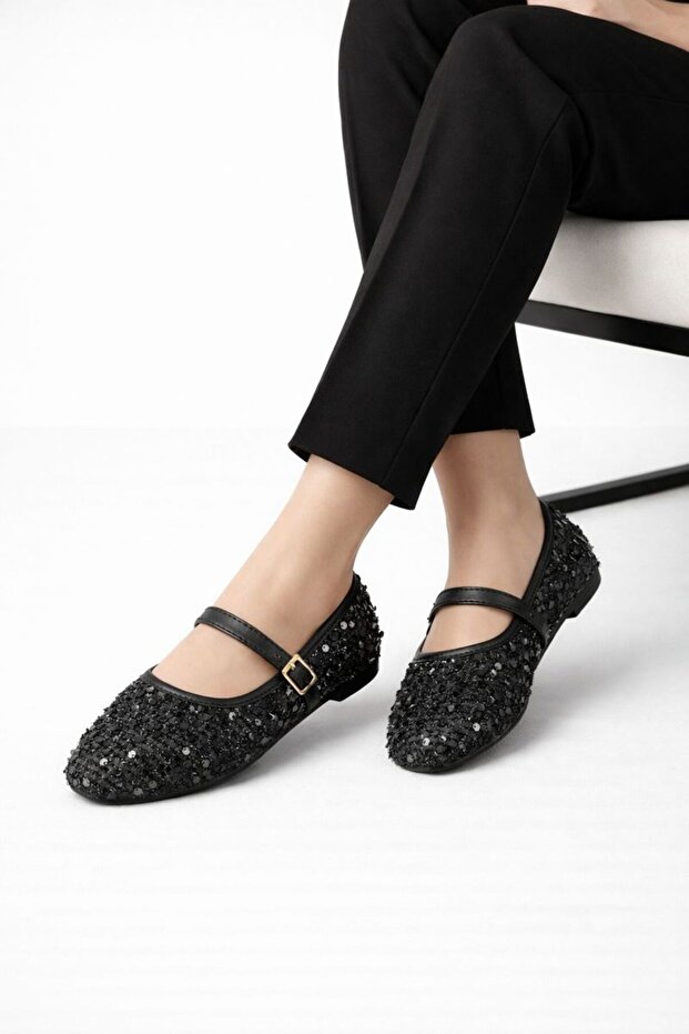 Women’s Black Buckled Sequined Ballet Flats 1cm BYNDPUL01