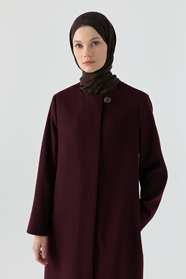 Gizli Pat Düğmeli Basic Manto - Mürdüm - 3
