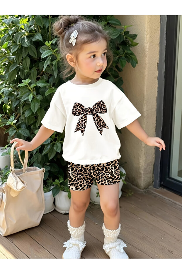 Children's New Leopard Short Leggings-Ribbon Printed T-Shirt Set