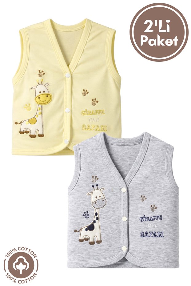 Unisex Baby Giraffe Embroidered Organic Cotton 3-6-9 Months 2-Piece Combed Cotton Baby Vest