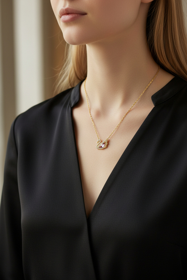 Steel Gold Pink Stone Swan Necklace