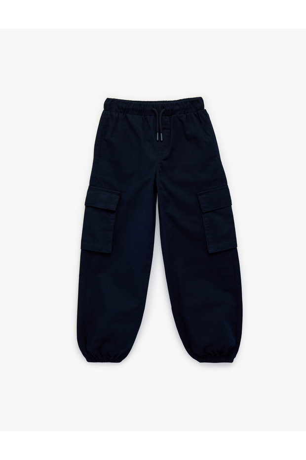 Gabardine Fabric Cargo Trousers with Elastic Waist and Tie Pocket Detail