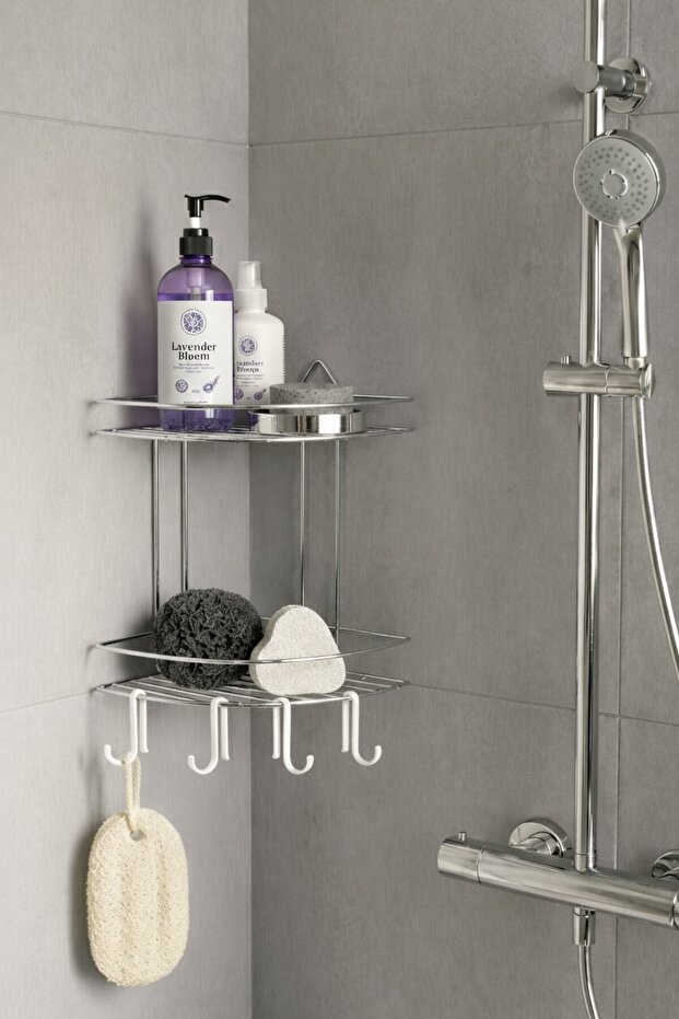 Bathroom Corner Shelf Hanging Shower Organizer and Shampoo Holder 2-Tier Chrome Ek-02