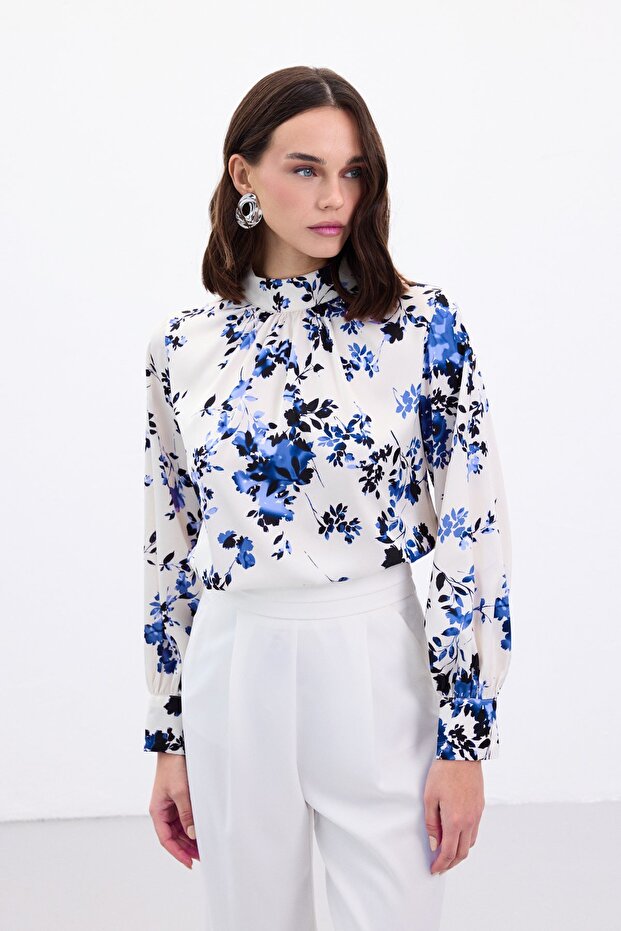 Dik Yaka Bluz - Mavi - 2