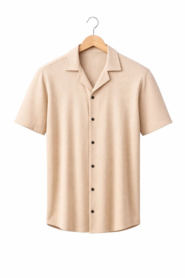 Short-Sleeved Waffle Fabric Shirt Darkesim Slim Fit Basic Cotton