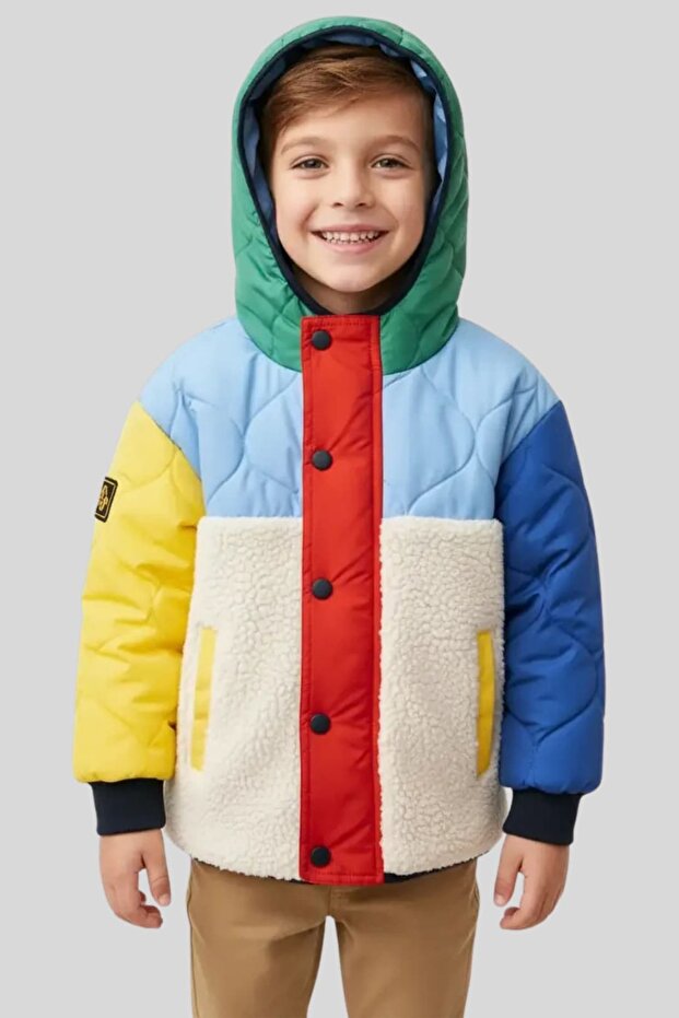 Boy's Color-Blocked Quilted and Sherpa Plush Detailed Hooded Coat