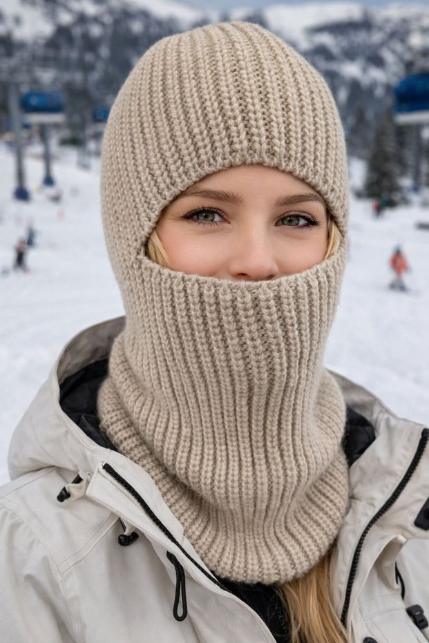 Beige Knitwear Knitted Balaclava Women's Beanie Snow Mask