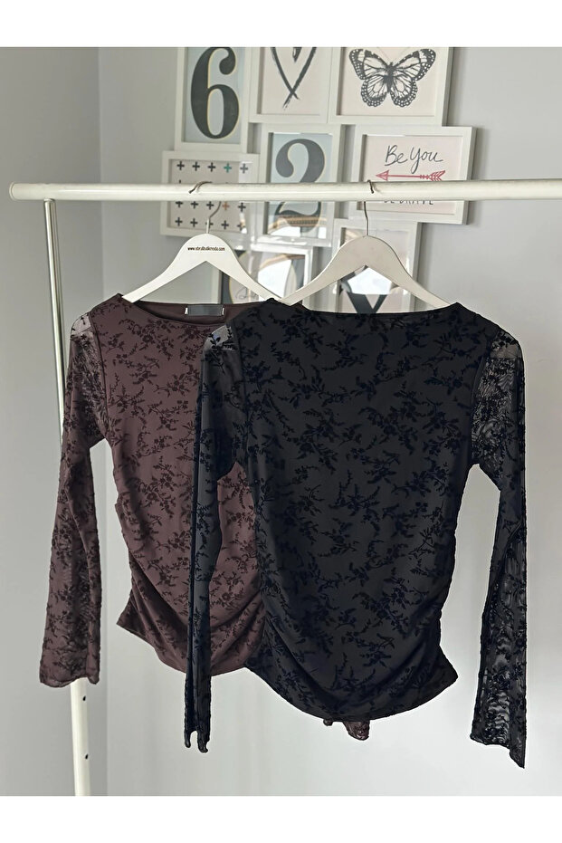 Siyah Dantelli Tül Bluz - 3
