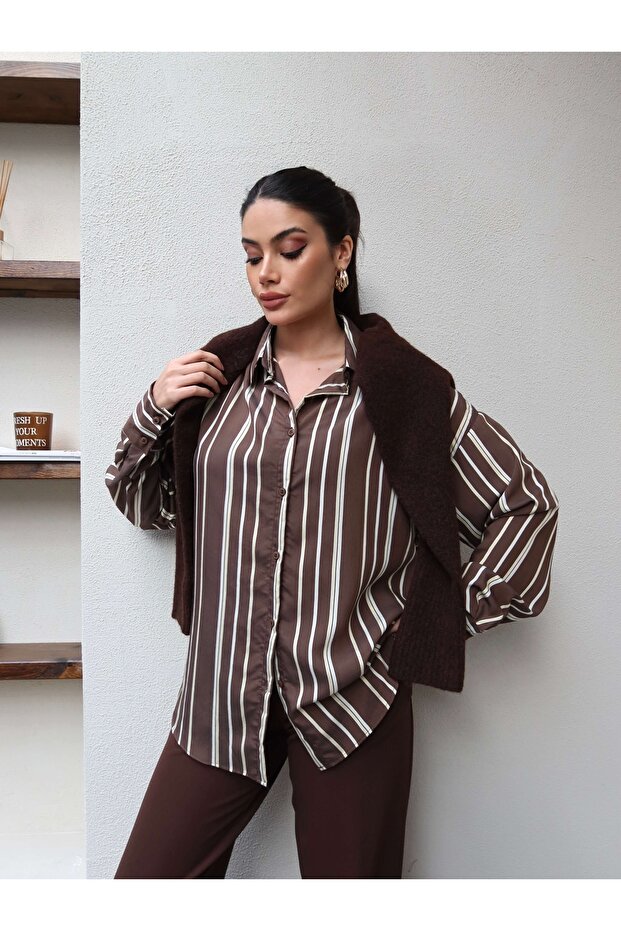 Kalın Çizgili Oversize Gömlek - 4