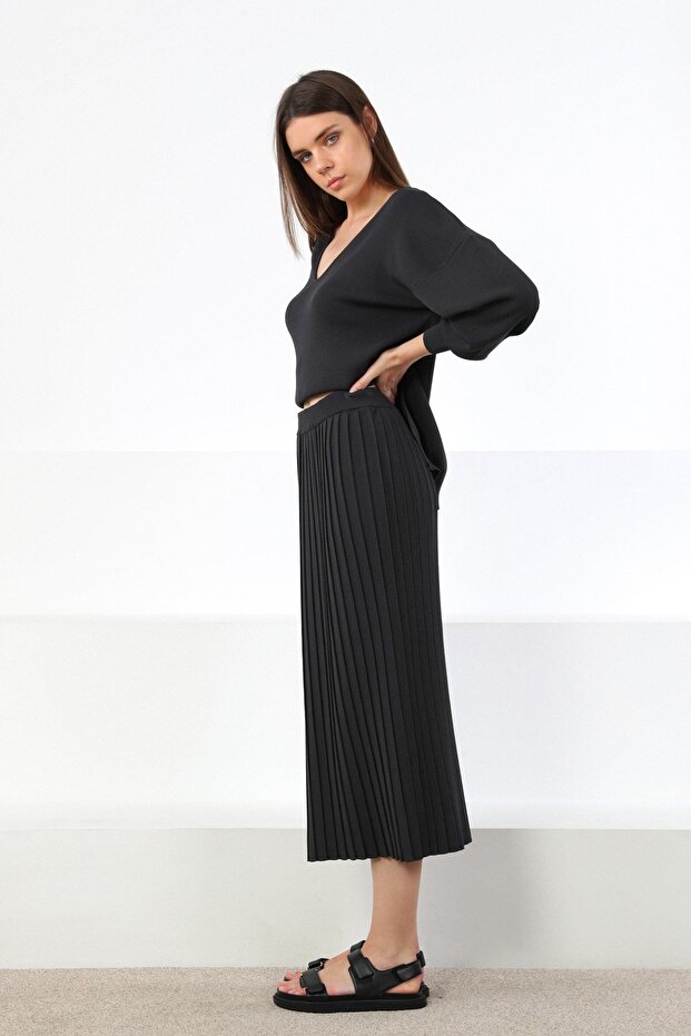 Anthracite Midi Length Pleated Viscose Women's Knitwear Skirt