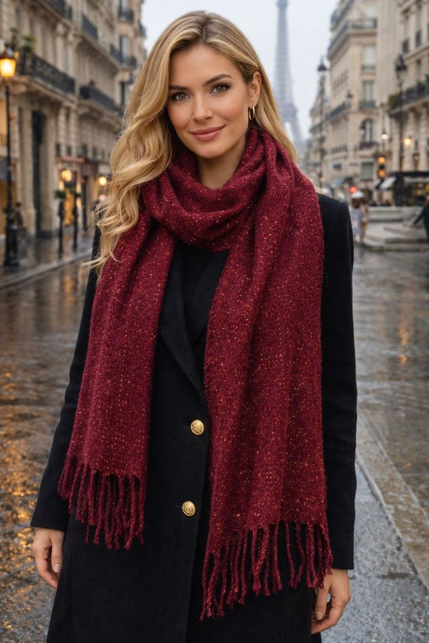 Burgundy Glittery Puff Thick Women's Scarf Shawl 45X180 cm