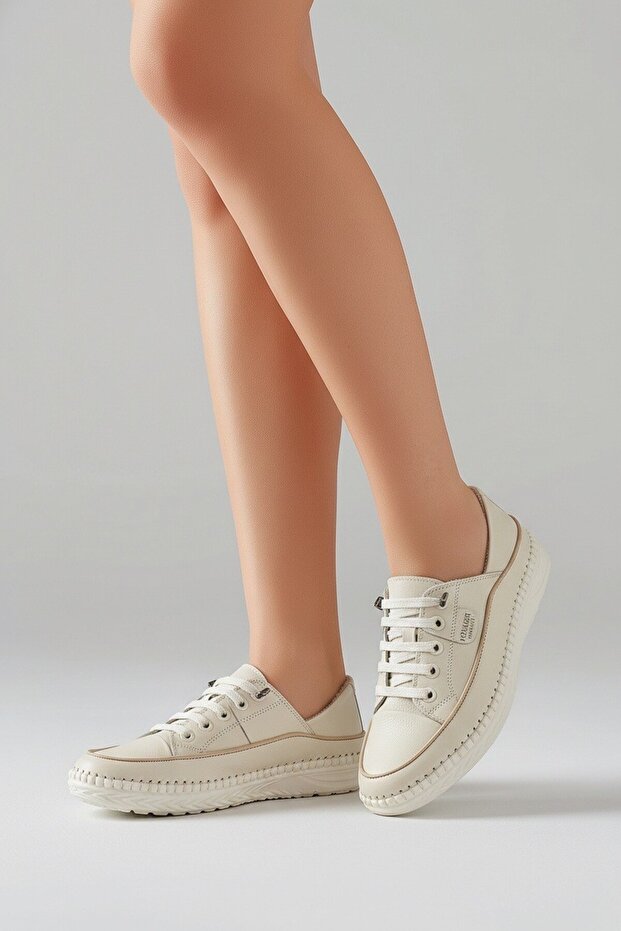 V26Ya-0536 Ecru Skin Leather Comfort Women's Shoes