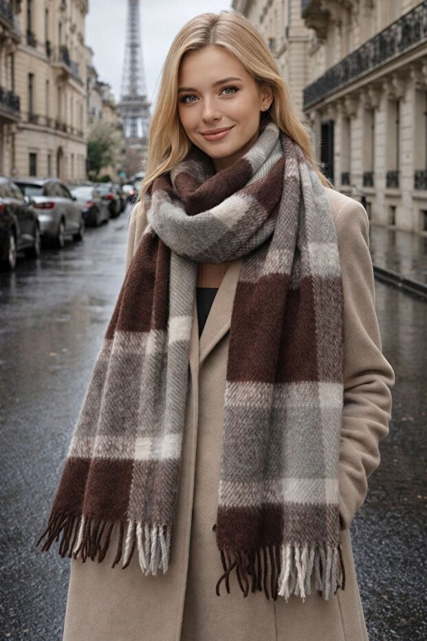 Coffee Soft Textured Plaid Thick Scarf Shawl 210X43 cm