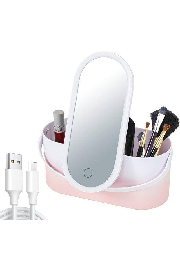 LED Makeup Mirror Organizer with Touch Control & USB Charging