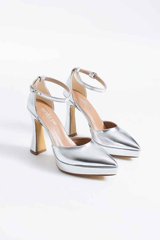 Likano Pointed Platform Women's Evening Dress Heeled Shoes Silver Metallic