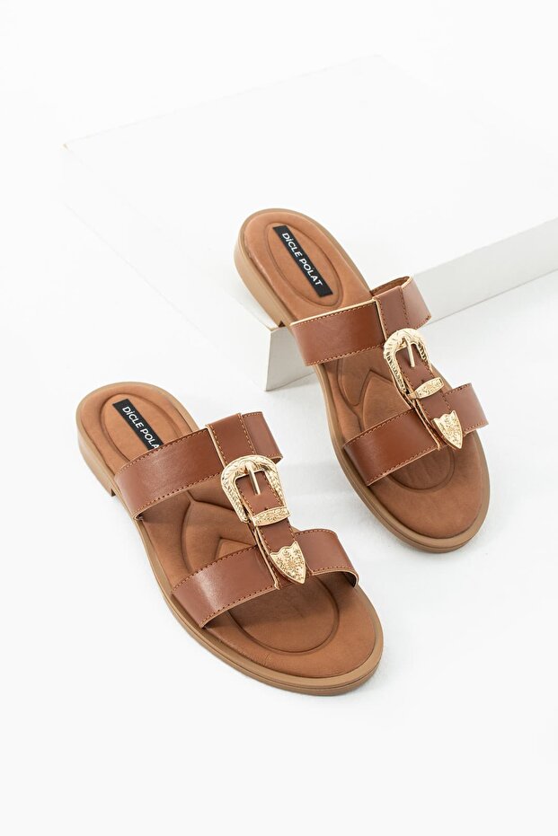 Women's Tan Buckle Double Strap Casual Slippers - Comfort Sole Velin
