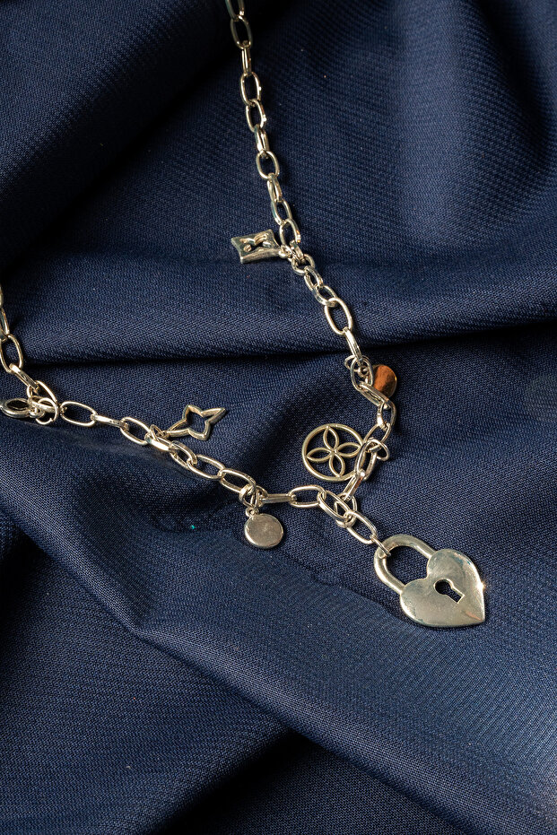 Silver Tone Heart Lock and Geometric Figure Steel Necklace