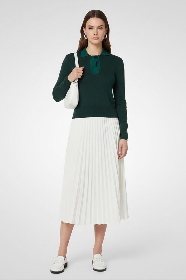 Women Spread Collar Long Sleeve Textured Sweater, Dark Green