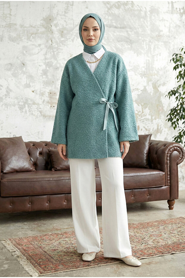 Side Tie Boucle Fabric Kimono - Mint