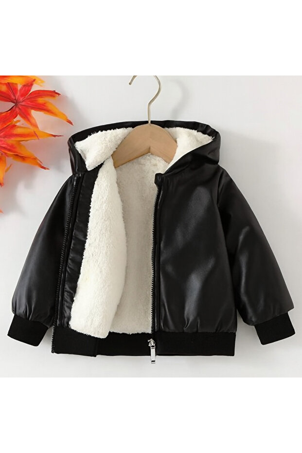 Faux Leather Coat with Plush Details Inside, Wind and Rain Resistant