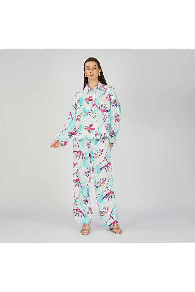 White Base Neon Pink Blue Abstract Printed Coord Set