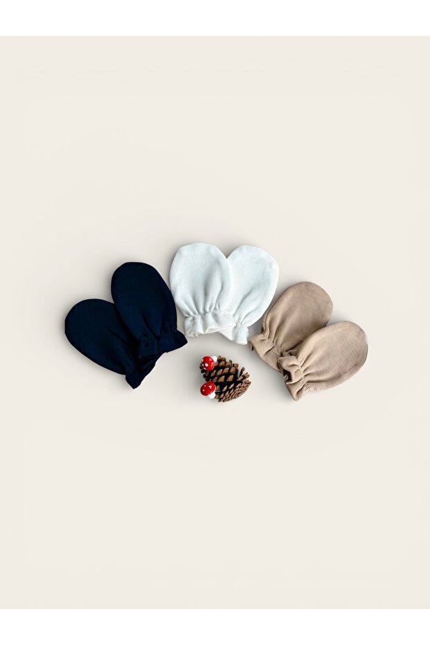 3-Piece Newborn Gloves / Navy Blue-Ecru-Milk Brown