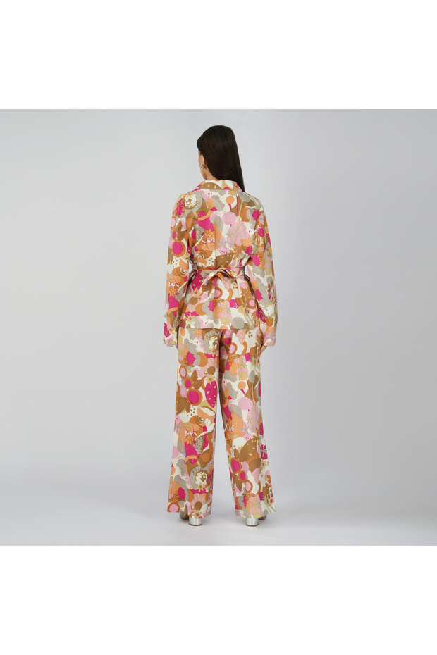 طقم ملابس مطبوعة بتصميم تجريدي عتيق متعدد الألوان بقاعدة بنية اللون - 5