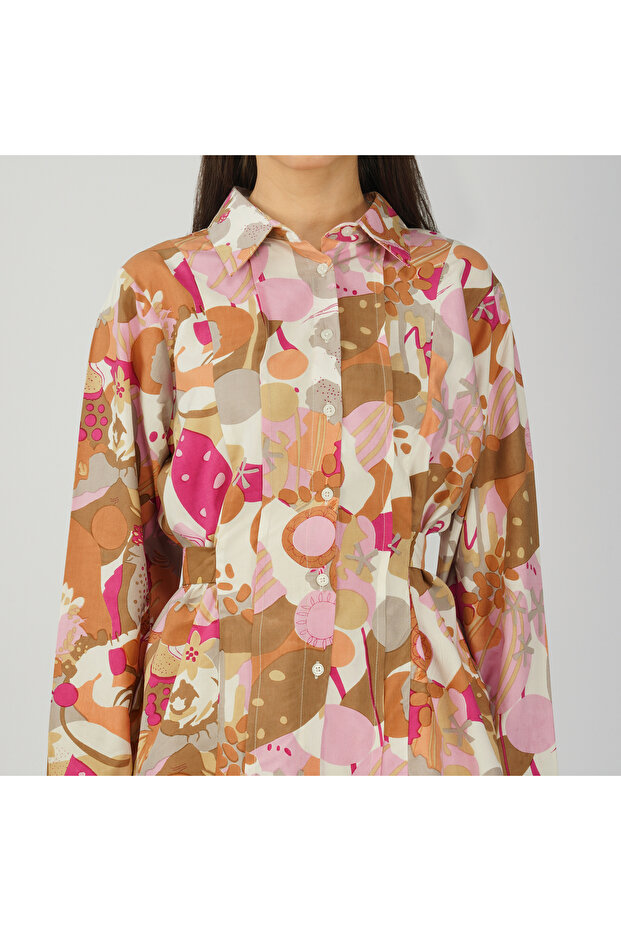 طقم ملابس مطبوعة بتصميم تجريدي عتيق متعدد الألوان بقاعدة بنية اللون - 3