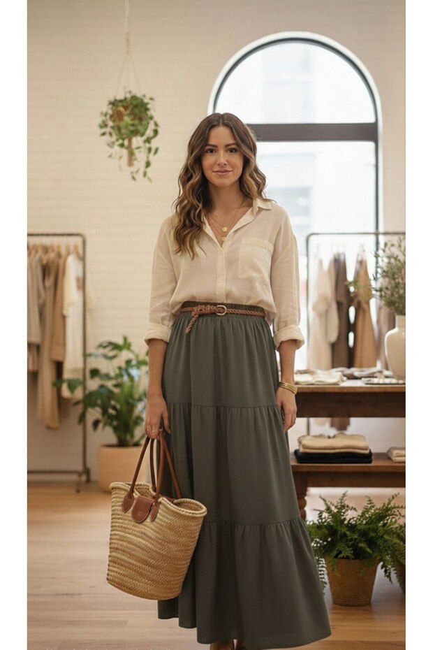Women's Gray Viscose Long Skirt with Elastic Waist