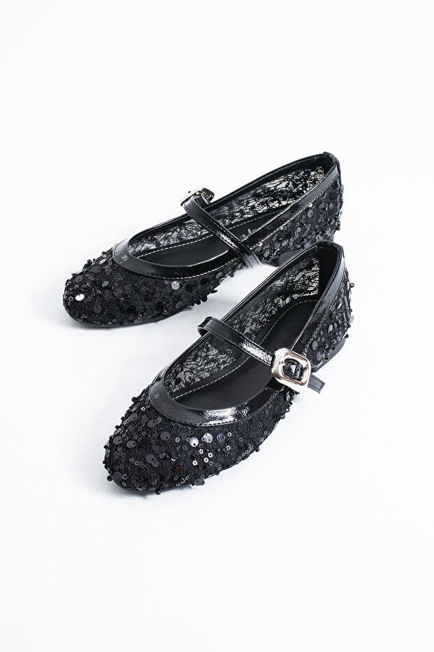 Camas Sequined Lace Scarf Women's Ballerina Flats Black