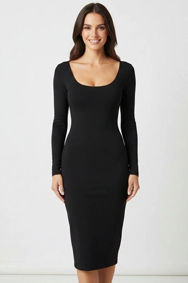 Women's Black U-Neck Long Sleeve Sandy Fabric Maxi Dress with Slit on the Back