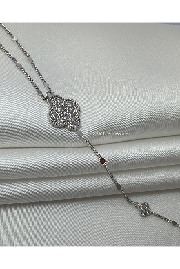 Pavé Yonca and Coin Chain Steel Necklace - Silver Pavé Clover Drop Necklace