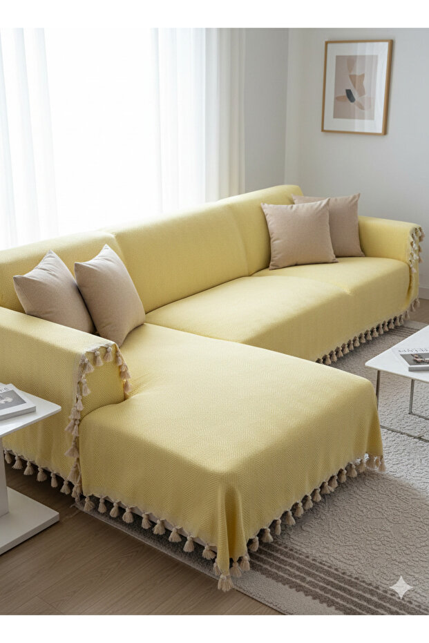 Sofa Cover 180X210 cm | Stylish Design with Non-Slip Texture and Tassels, 100% Cotton