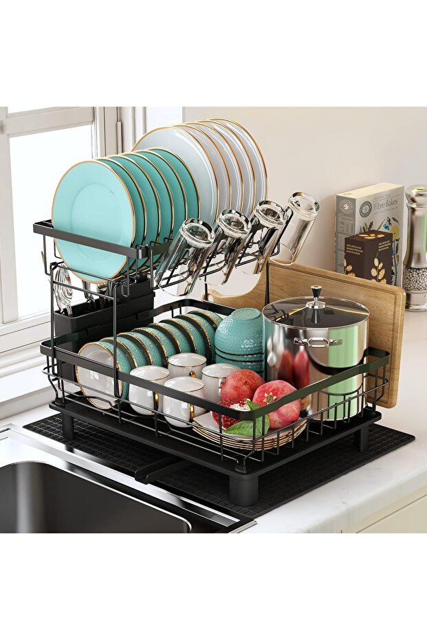 MAJALiS Dish Drainer Rack, Dish Drainer with Drip Tray and Drainer Mat, Stainless Steel Dish Rack with Utensil Holder, Swivel Spout, Draining Board for Kitchen Counter, Black, 2 Tier