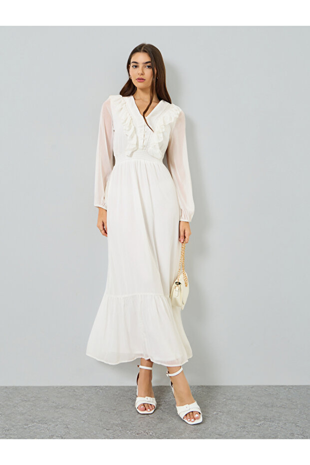 Women White Ruffled A-Line Midi Dress