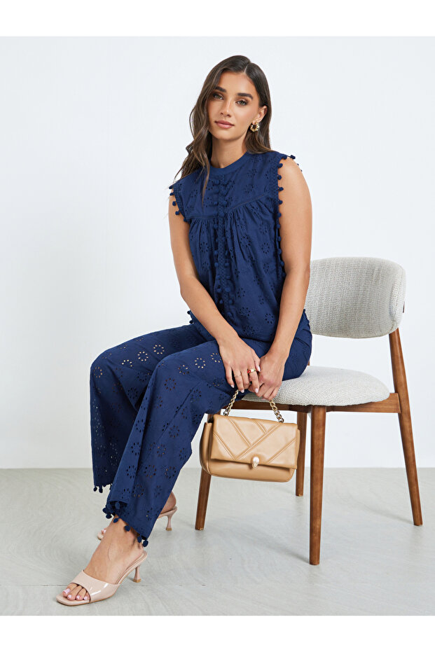 Women Navy Blue Top and Wide Leg Pants Co-Ords