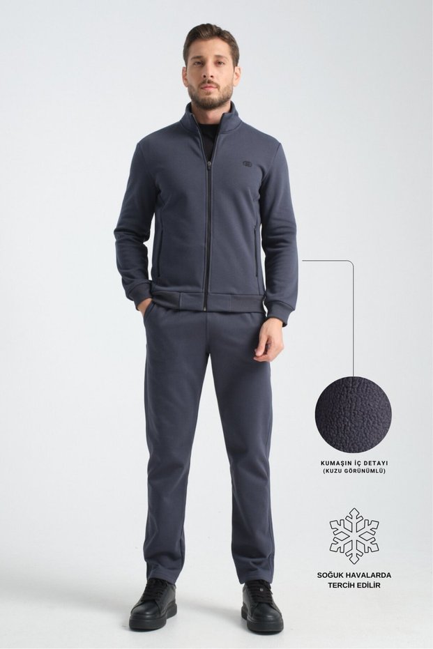 Smoke Gray Men's Winter Tracksuit Set Thermosoft Technology Lamb-Like Interior Regular Fit Minimal Logo Hooded