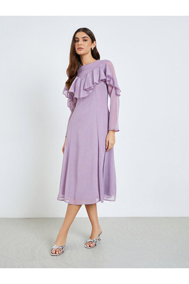 Women Lilac Ruffled Detail Midi Dress