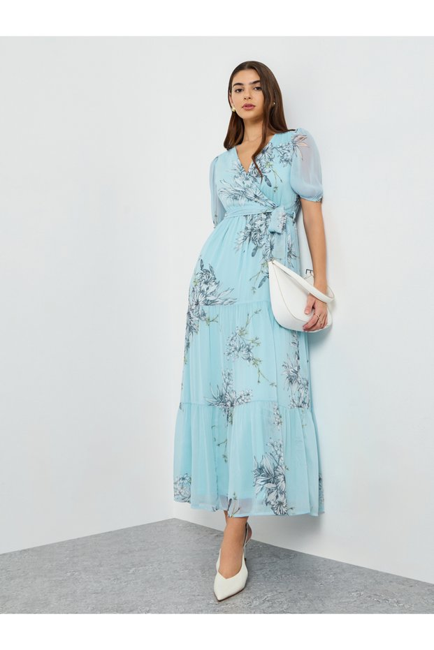 Women Floral Print Puff Sleeve Wrap Midi Dress