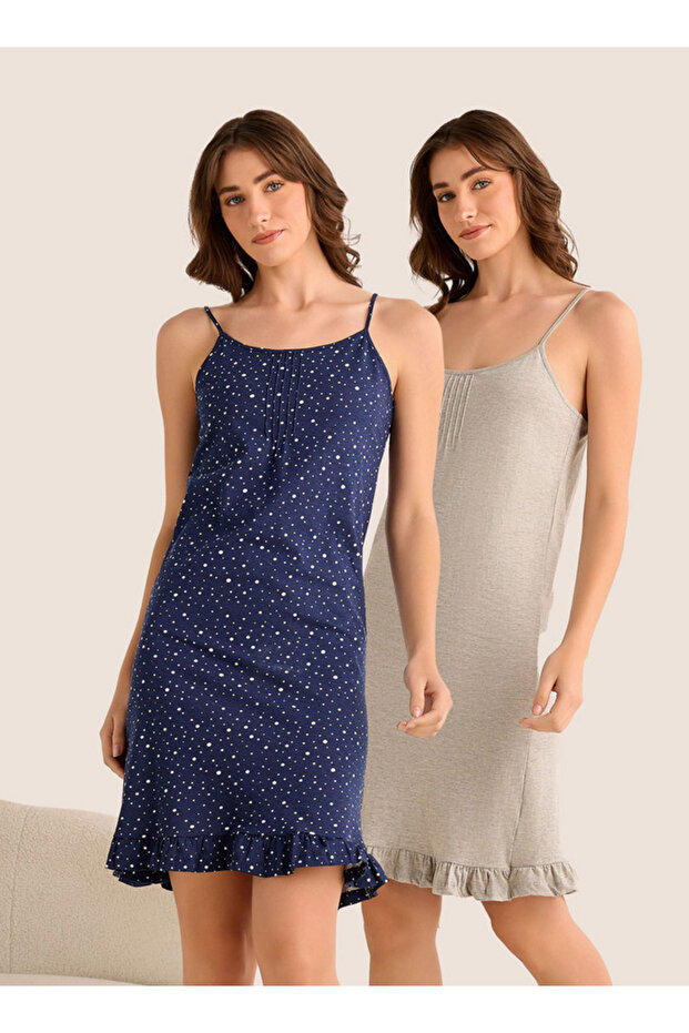 Set of 2 - Midi Slip Dress Strappy Ruffled Hem Cotton