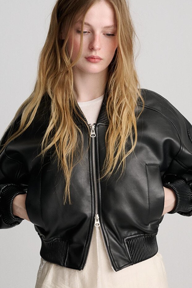 Suni deri bomber ceket - 6