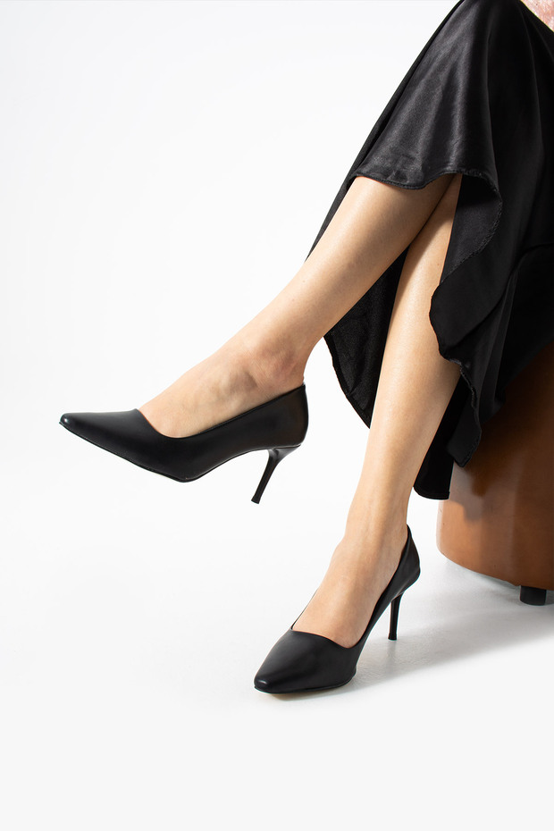 Siyah Mat Vegan Deri Topuklu Ayakkabı |7cm İnce Topuk | Şık Stiletto|Trend Kadın Ofis Abiye - 1