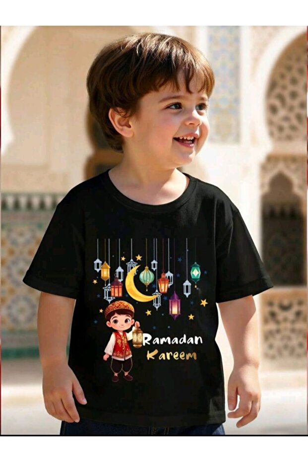 تيشيرت للأولاد مطبوع عليه عيد رمضان، مصنوع من قماش قطني 100%