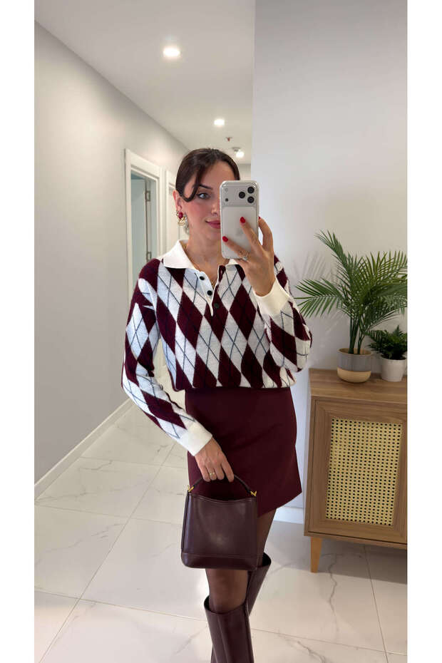 Md Fetra White Claret Red Polo Collar Diamond Patterned Knitwear
