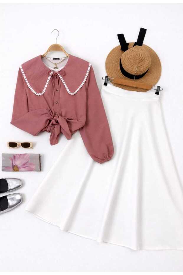 Women's Collar with Scallop Detail - Puff Scuba Skirt Set