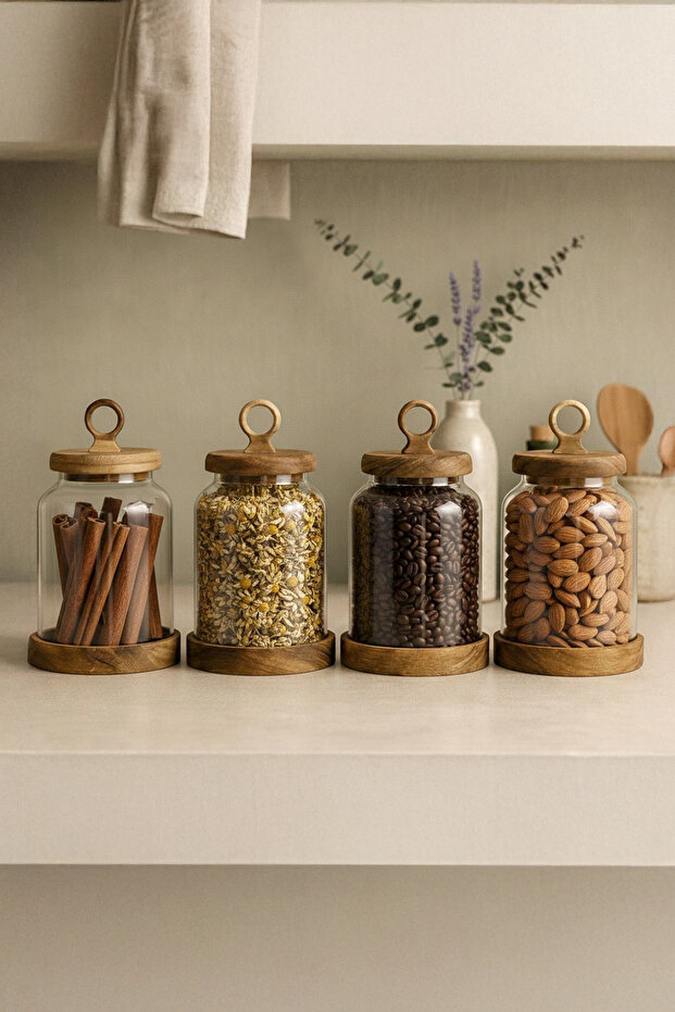 4-Piece Borosilicate Jar Spice Set with Handles and Lids on Acacia Stand for Legumes 480 ml