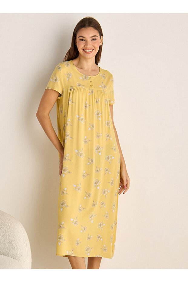 Midi Night Dress Short Sleeves Floral Print Viscose