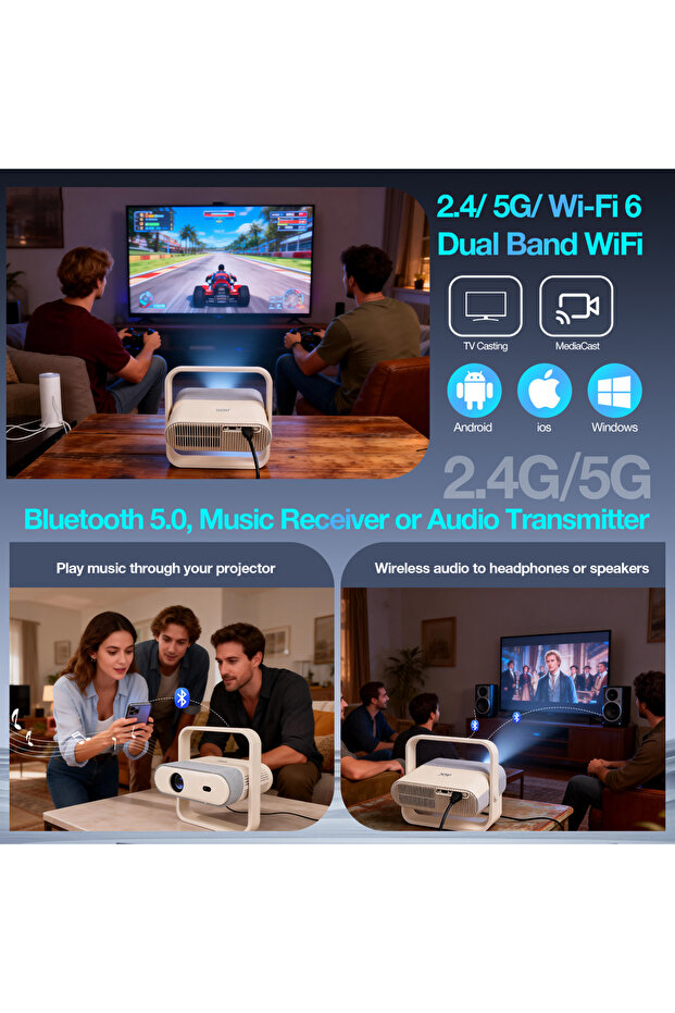 Smart Projector|BT 5.2180° Rotatable Native 1080PAuto Focus Keystone Built-in Apps