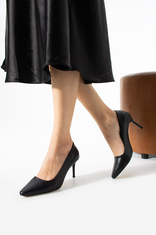 Siyah Mat Vegan Deri Topuklu Ayakkabı |7cm İnce Topuk | Şık Stiletto|Trend Kadın Ofis Abiye - 2